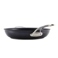 The Anolon X 12-Inch Hybrid Nonstick Frying Pan features a black finish, silver Anolon-engraved handle, modern design, metal utensil-safe ultra-durable nonstick, and is perfect for effortless cooking and cleanup.