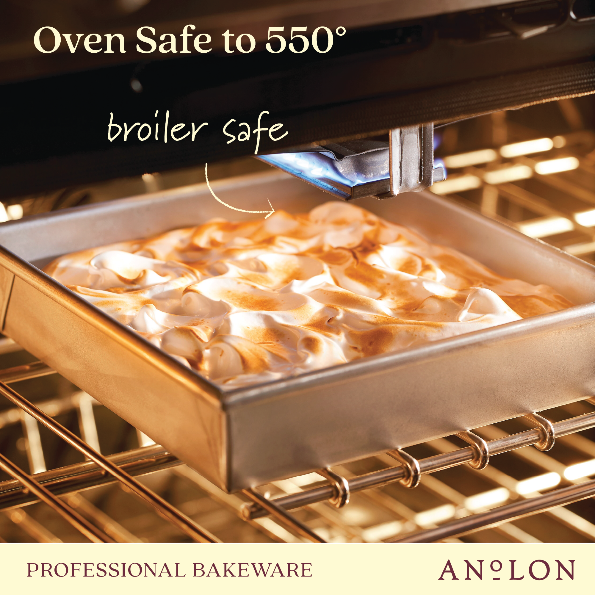 A square baking tray with a golden brown meringue is shown in an oven. Text reads Oven Safe to 550° and broiler safe, highlighting the durable heat conduction of Pro-Bake 9-Inch Aluminized Steel Bakeware. The cake pan features straight sides, ensuring even baking results every time.