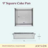 Photograph of a 9-Inch Aluminized Steel Square Cake Pan from Pro-Bake highlighting its efficient heat conduction. The top view presents an 8-inch × 8-inch interior, while the side perspective reveals straight sides with a baking height of 2.25 inches and an overall length of 9.5 inches.