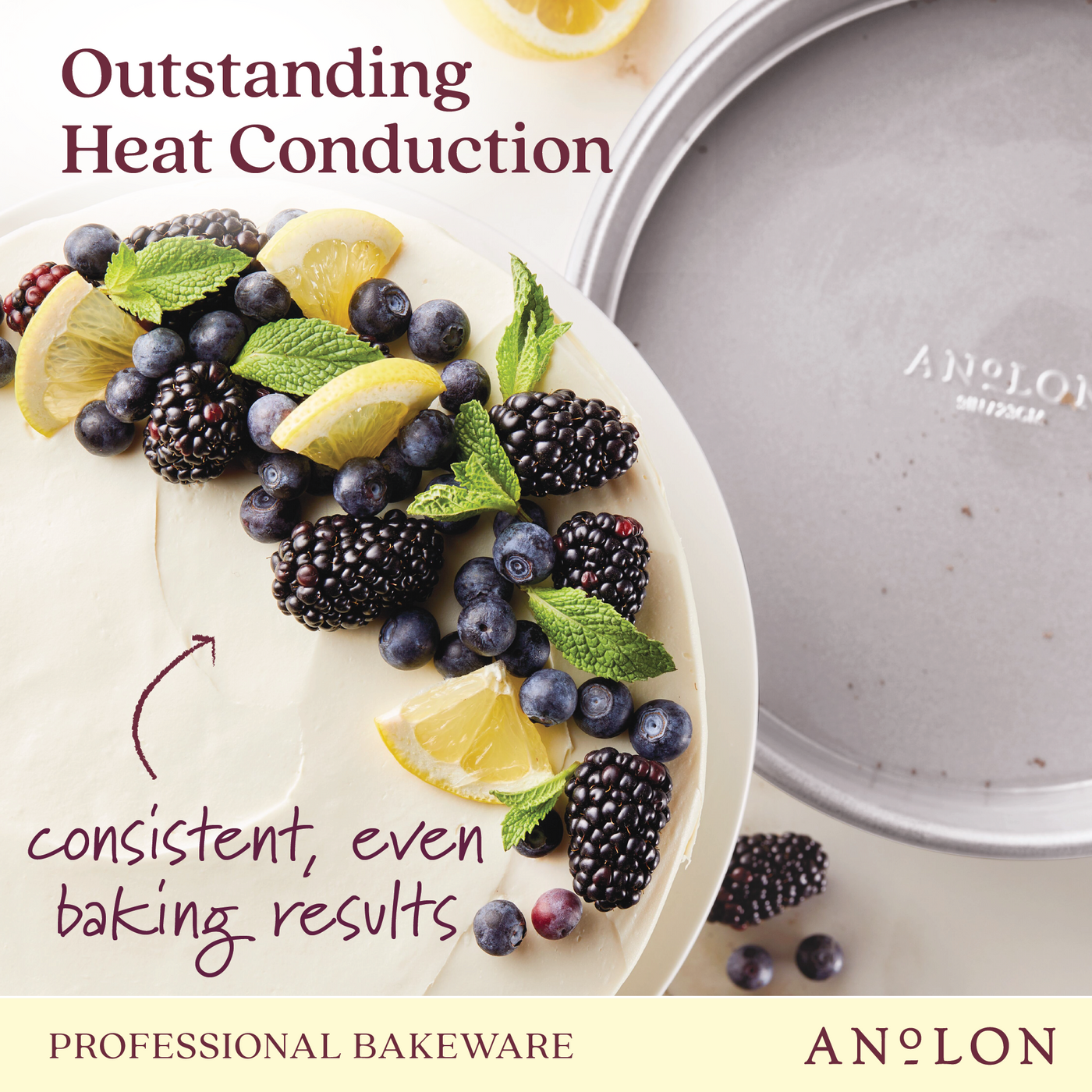 Here is a revised version of the sentence, incorporating the product data:

A close-up of a layered dessert adorned with blackberries, blueberries, lemon slices, and mint leaves sits beside the 9-Inch Aluminized Steel Round Cake Pan by Pro-Bake. Text reads, Outstanding Heat Conduction and Consistent, even baking results.