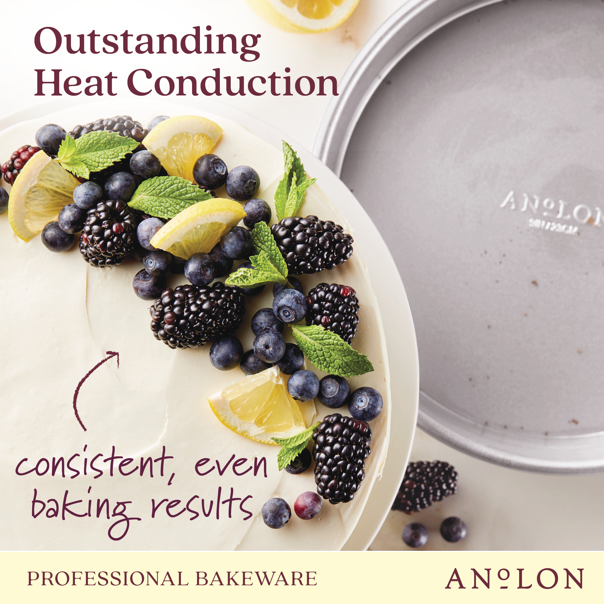 Here is a revised version of the sentence, incorporating the product data:

A close-up of a layered dessert adorned with blackberries, blueberries, lemon slices, and mint leaves sits beside the 9-Inch Aluminized Steel Round Cake Pan by Pro-Bake. Text reads, Outstanding Heat Conduction and Consistent, even baking results.