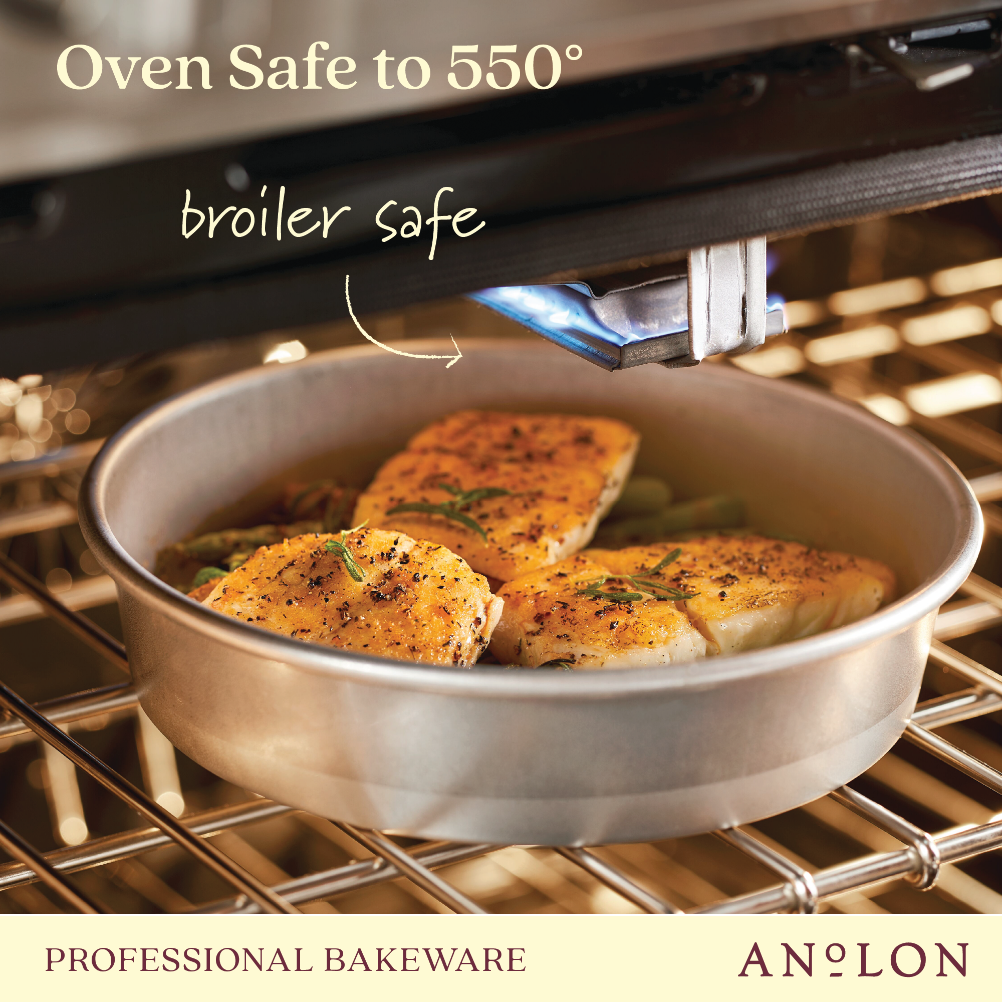 Round 9-inch Pro-Bake aluminized steel cake pan with seasoned, golden-brown chicken pieces in an oven. Text highlights that it is oven safe up to 550° and broiler safe. This pan is ideal for baking layers or roasting, offering versatility and performance.