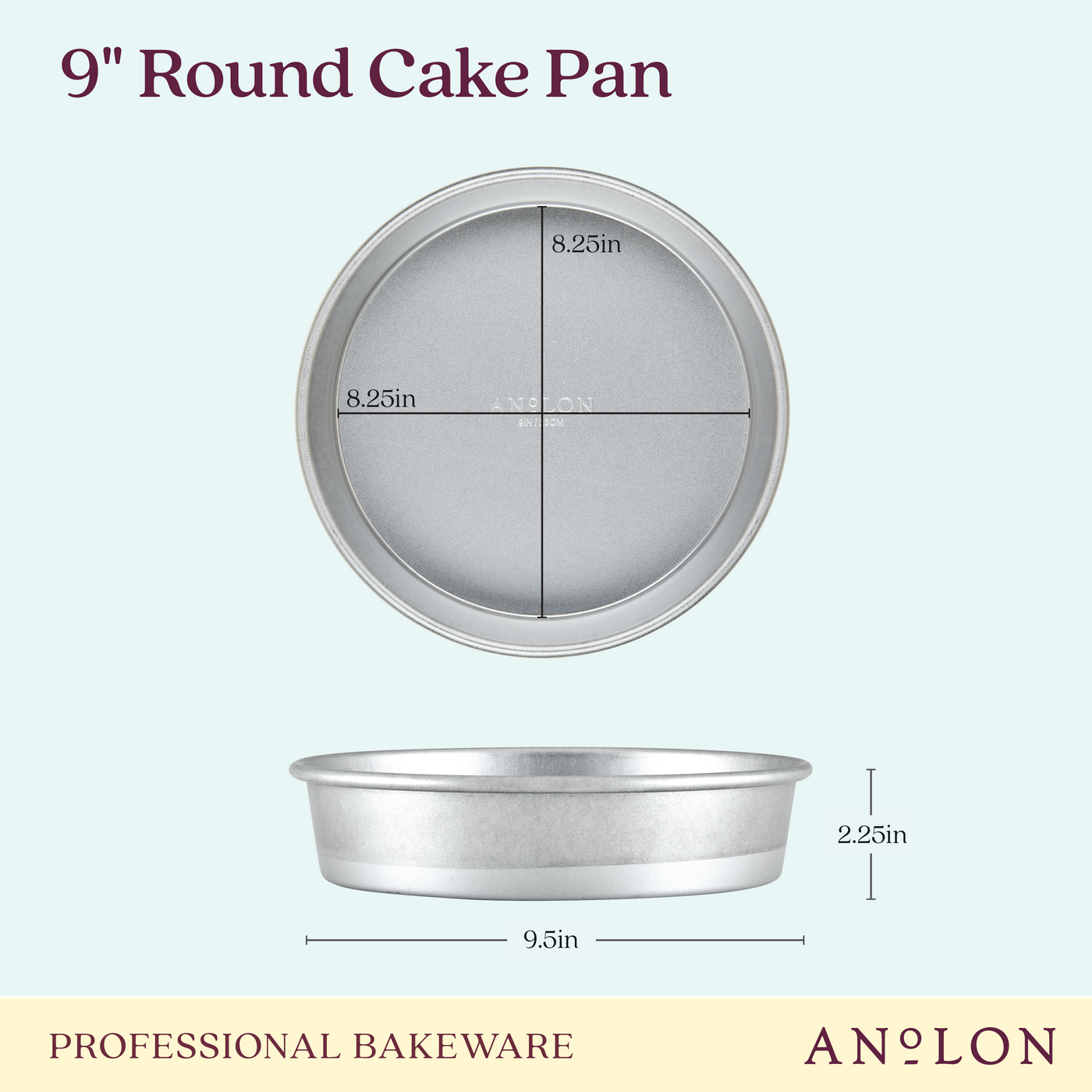 The Pro-Bake 9-Inch Aluminized Steel Round Cake Pan, constructed from sturdy aluminized steel, features an interior top diameter of 8.25 inches and a height of 2.25 inches. The image highlights the silver-colored baking tool from both a top and side perspective, ideal for achieving uniformly even cake layers.