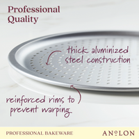 Close-up of the 14-Inch Aluminized Steel Perforated Pizza Pan by Pro-Bake, perfect for thin crust pizzas, highlighting its robust aluminized steel construction and reinforced rims to ensure durability. Set against a light gray background with the text Professional Quality and Pro-Bake Professional Bakeware.