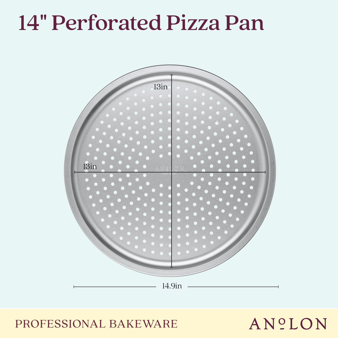 A 14-inch aluminized steel perforated pizza pan is designed with evenly spaced holes. The image shows the measurements as 13 inches vertically and horizontally inside the pan. Bearing the label Professional Bakeware, it prominently features the brand name Pro-Bake at the bottom.