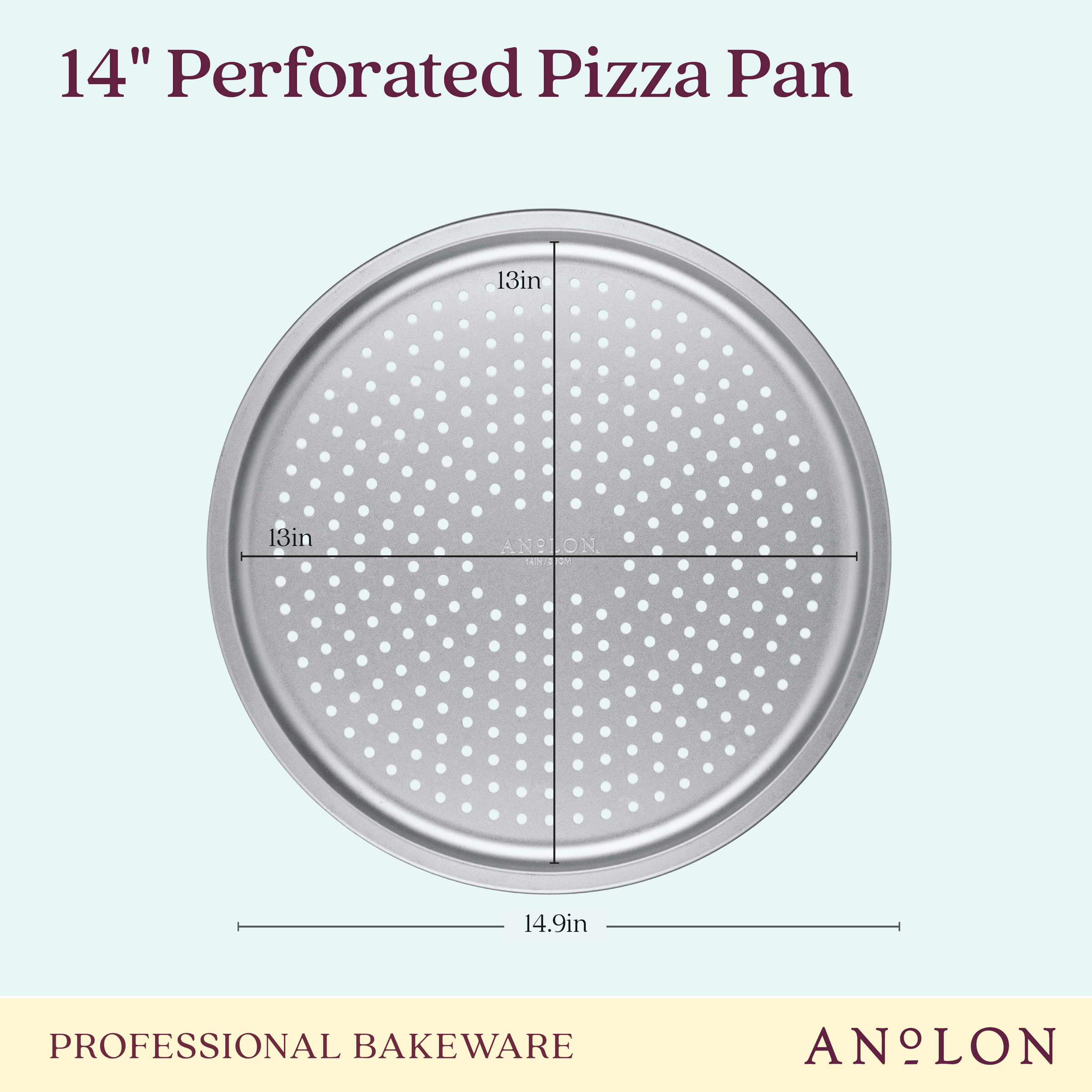 A 14-inch aluminized steel perforated pizza pan is designed with evenly spaced holes. The image shows the measurements as 13 inches vertically and horizontally inside the pan. Bearing the label Professional Bakeware, it prominently features the brand name Pro-Bake at the bottom.