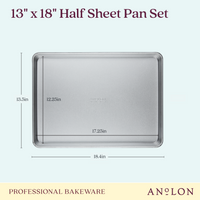 The image showcases a 2-Piece Aluminized Steel Half Sheet Pan Set by Pro-Bake, crafted from aluminized steel. This silver pan measures 18.4 inches wide and 13.5 inches tall, with a baking area of 17.25 inches, epitomizing professional bakeware at its finest. Text highlights Pro-Bake and Professional Bakeware.