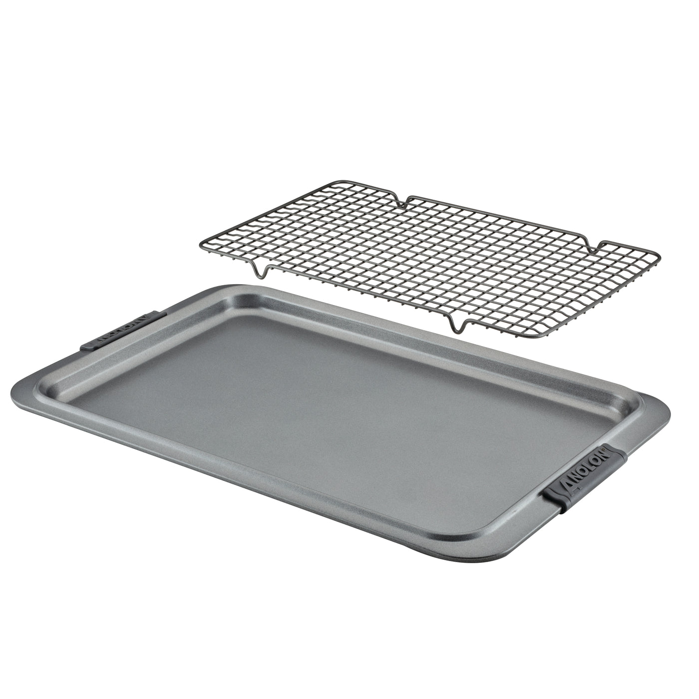 The Advanced 11 x 17-Inch Baking Sheet and Cooling Rack Set features black silicone handles—making it a versatile addition to your bakeware collection.