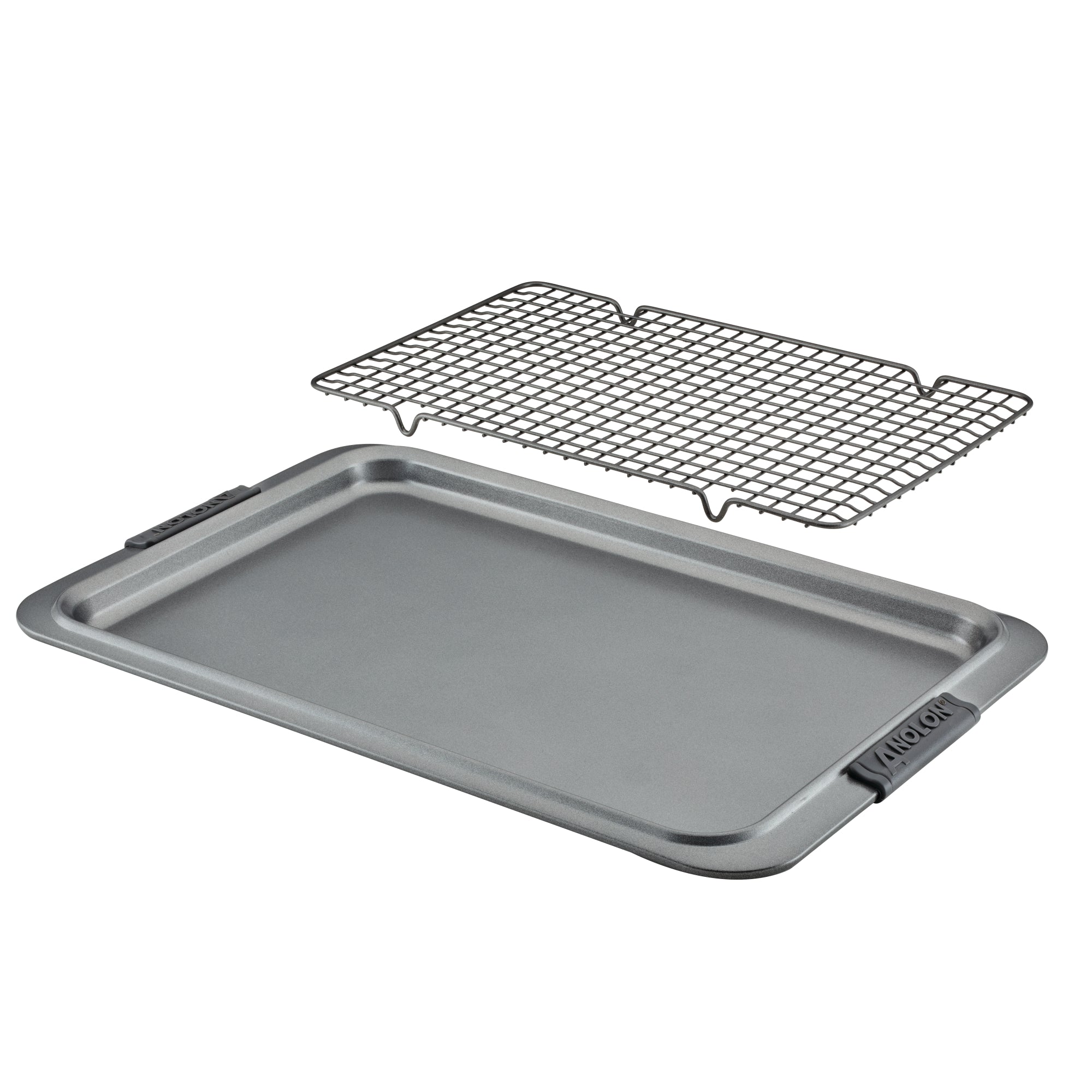 The Advanced 11 x 17-Inch Baking Sheet and Cooling Rack Set features black silicone handles—making it a versatile addition to your bakeware collection.