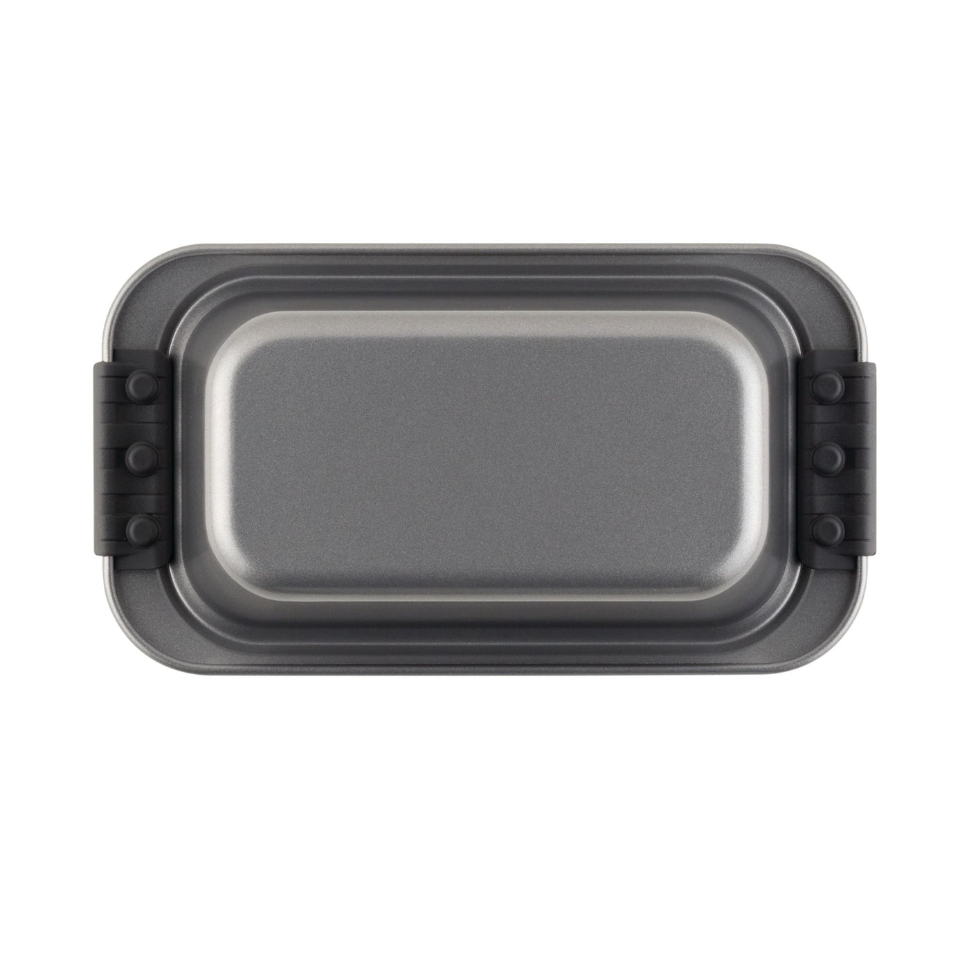 The Advanced 9 x 5-Inch Loaf Pan with silicone grips features heavy-gauge steel, a gray nonstick surface, and black silicone handles on both ends, shown from above against a white background.