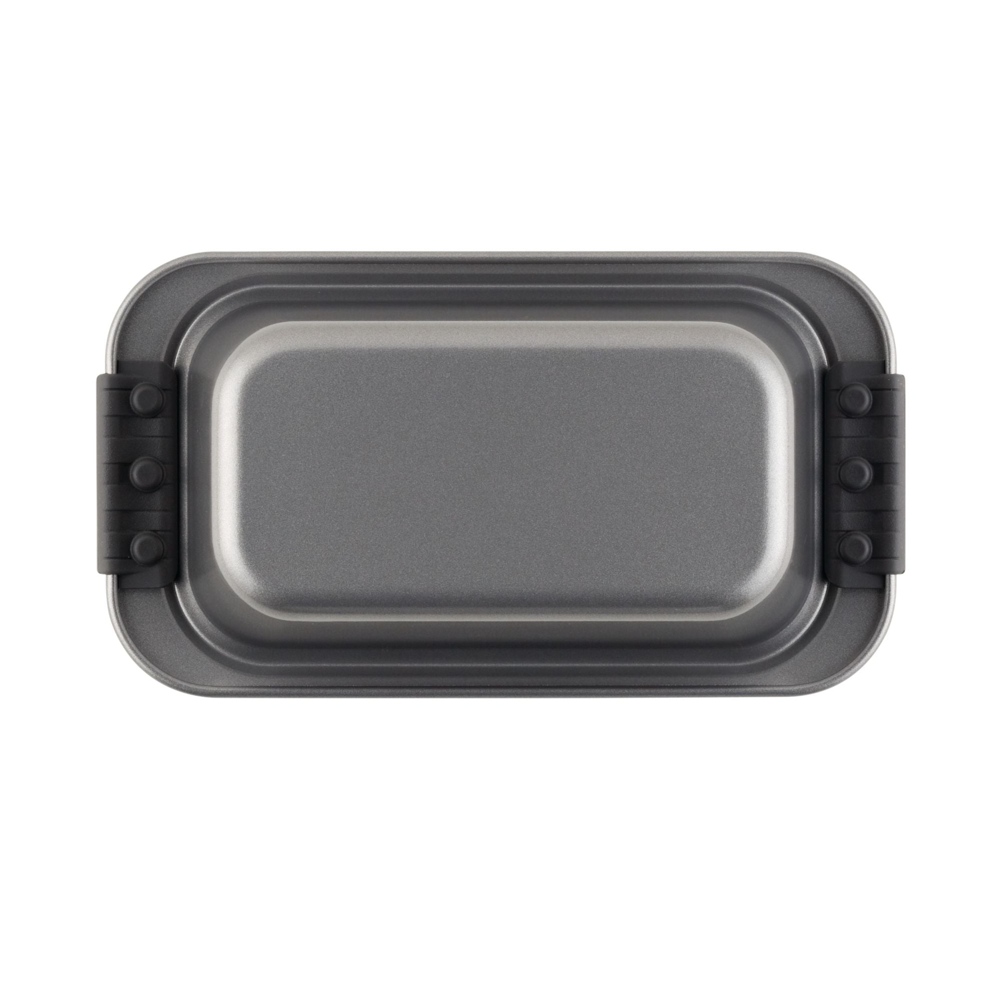 The Advanced 9 x 5-Inch Loaf Pan with silicone grips features heavy-gauge steel, a gray nonstick surface, and black silicone handles on both ends, shown from above against a white background.