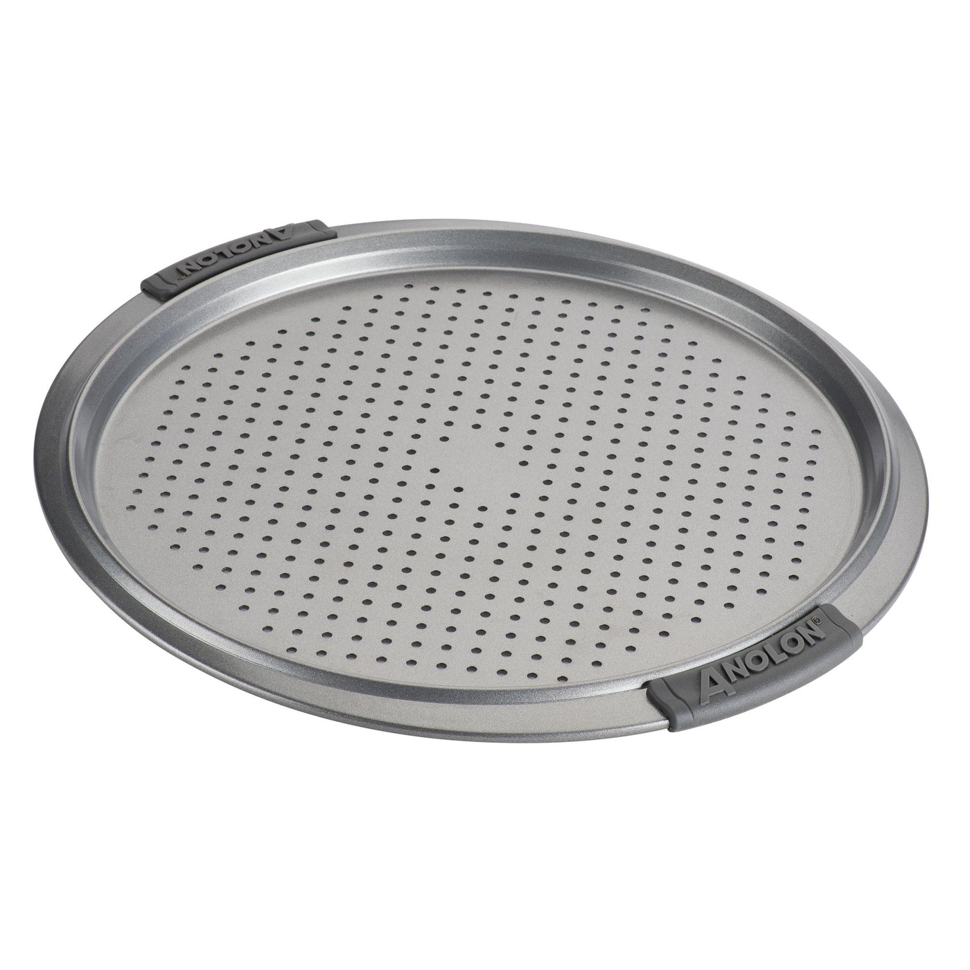 The 13-Inch Pizza Crisper by Advanced is a round, silver pan with a perforated surface, perfect for making crispy pizzas. It features two gray handles branded with the Anolon name. Its nonstick coating allows for easy cleanup and it is oven-safe, ensuring perfect pizzas every time.
