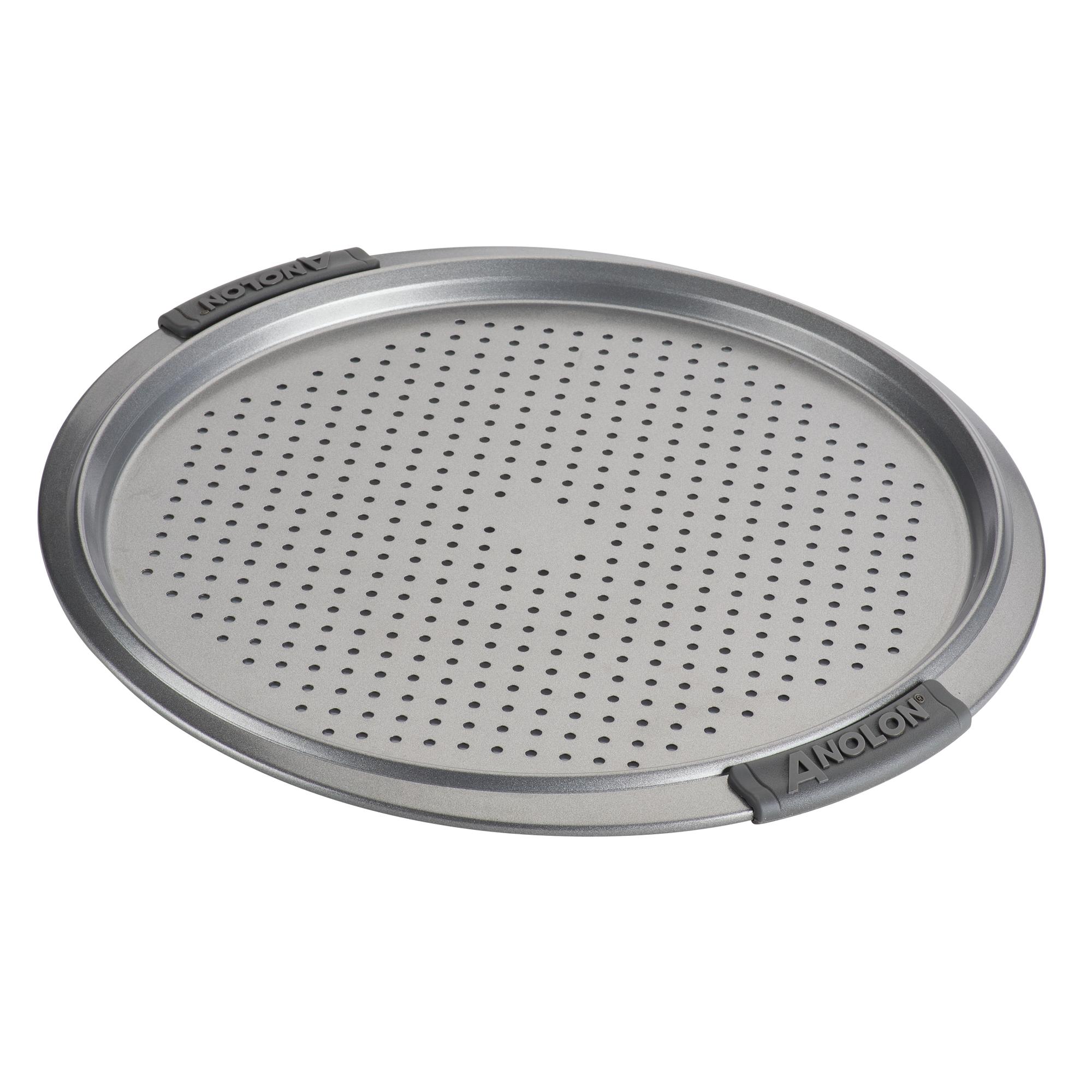 The 13-Inch Pizza Crisper by Advanced is a round, silver pan with a perforated surface, perfect for making crispy pizzas. It features two gray handles branded with the Anolon name. Its nonstick coating allows for easy cleanup and it is oven-safe, ensuring perfect pizzas every time.