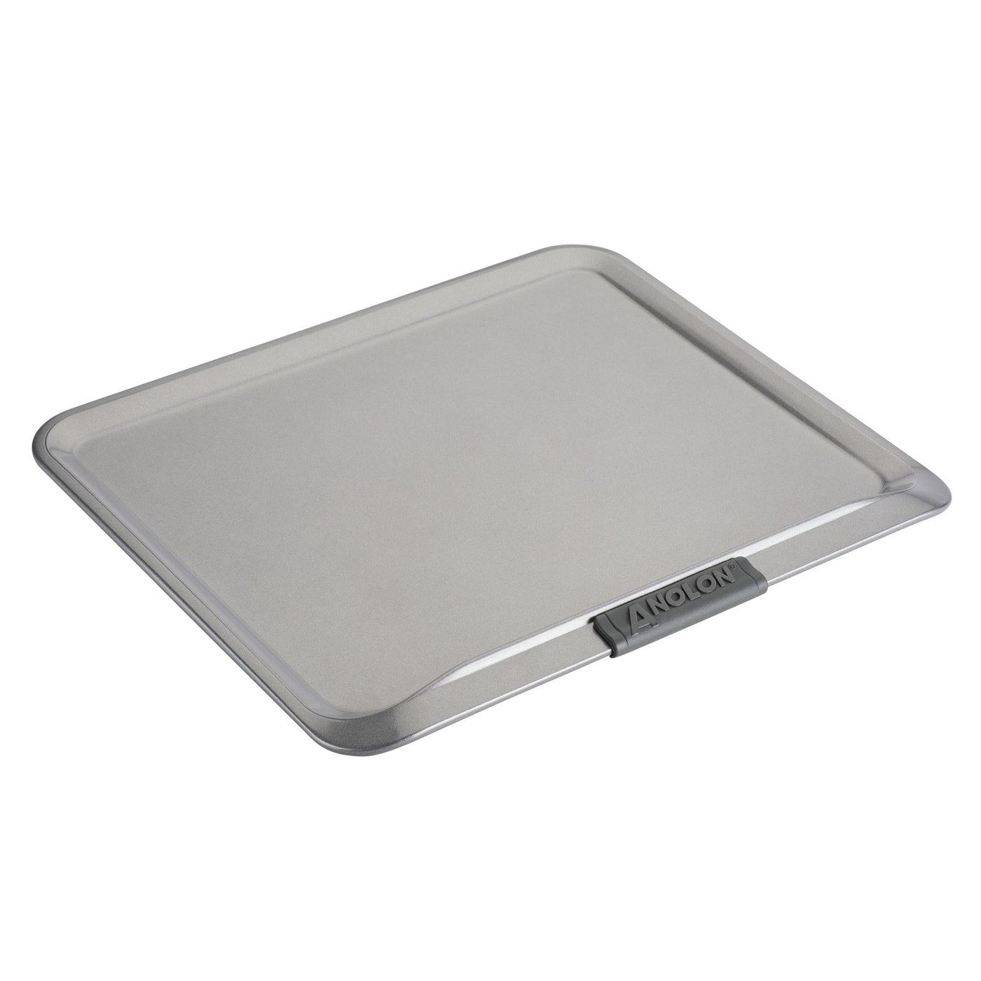 The Advanced 14 x 16-Inch Cookie Sheet with Silicone Grips features a rectangular silver nonstick surface, slightly raised edges, and gray handles for even heat distribution and perfect baking results.
