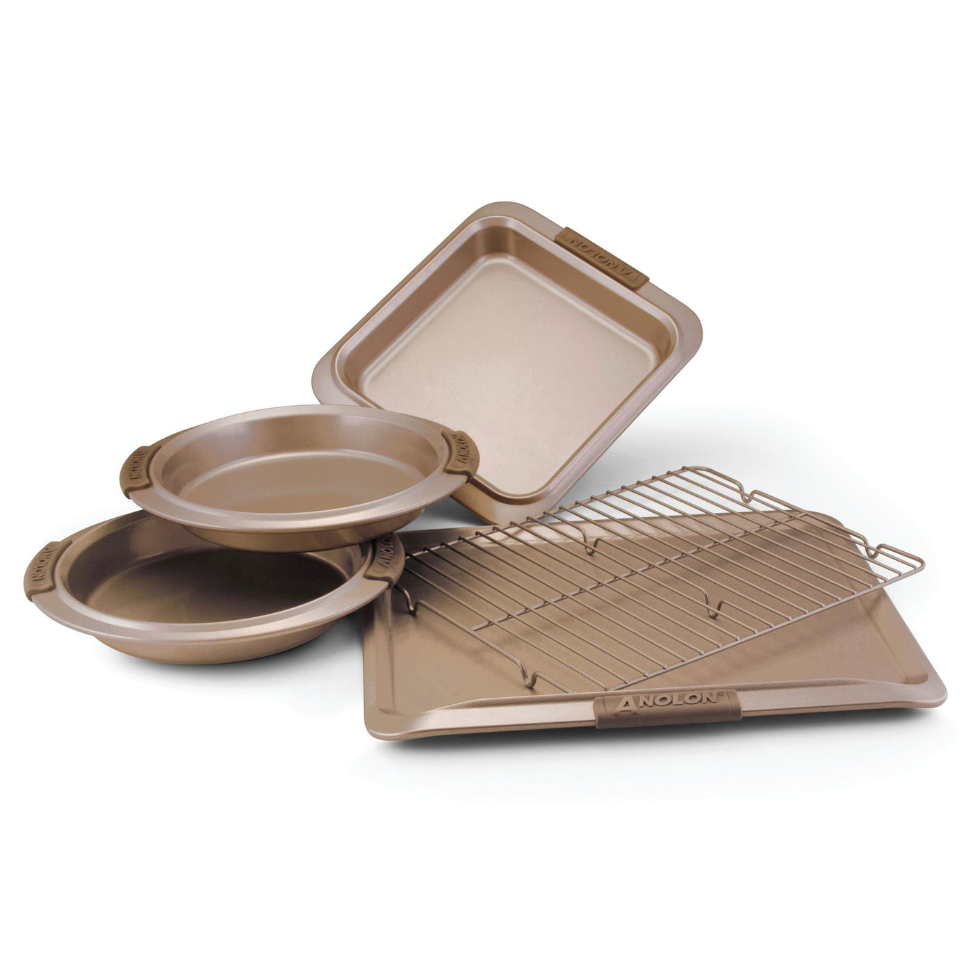The Advanced 5-Piece Bakeware Set features bronze-colored pans that are ideal for baking banana nut bread or bar cookies. This set includes two round cake pans, a square pan, a cooling rack, and a baking sheet with handles and a raised edge.