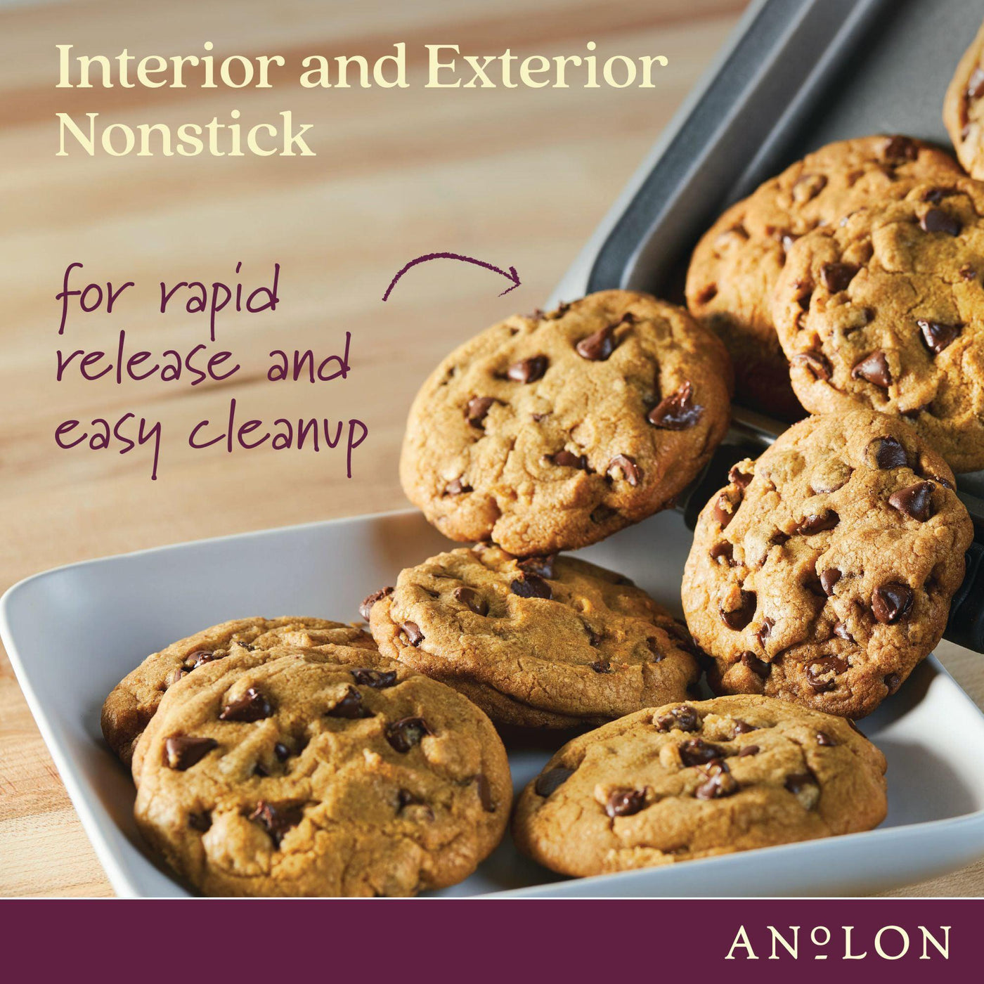 Chocolate chip cookies on an Advanced 11 x 17-Inch Baking Sheet and Cooling Rack Set, featuring interior and exterior nonstick for effortless baking, rapid release, and easy cleanup.