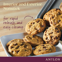 Chocolate chip cookies on an Advanced 11 x 17-Inch Baking Sheet and Cooling Rack Set, featuring interior and exterior nonstick for effortless baking, rapid release, and easy cleanup.