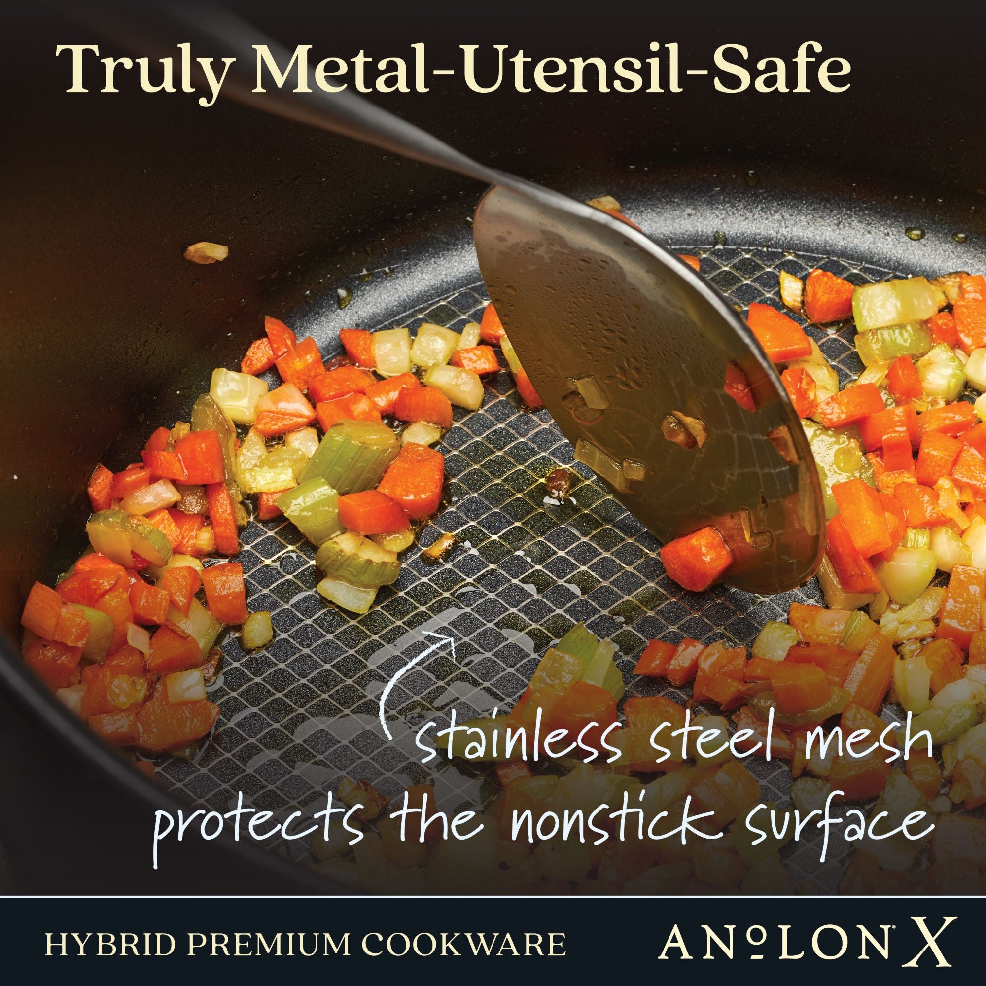 A metal utensil stirs chopped vegetables in a 4-quart hybrid nonstick casserole pan by Anolon X. Text highlights Truly Metal-Utensil-Safe and features a stainless steel mesh that protects the nonstick surface.