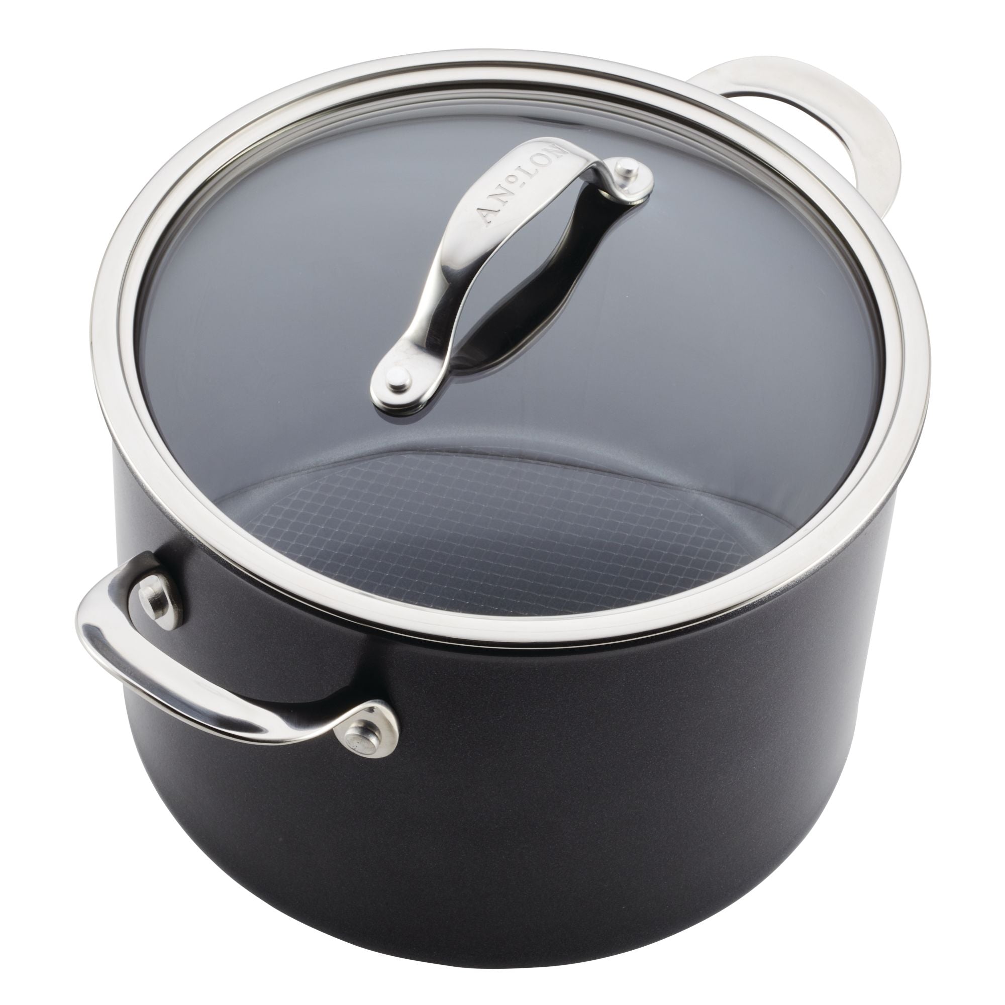 The Anolon X 10-Piece Hybrid Nonstick Cookware Set includes a black cooking pot with metal handles and a glass lid featuring a metallic handle. Its stovetop-friendly, featuring a PFOA-free nonstick SearTech™ cooking surface for an enhanced culinary experience.