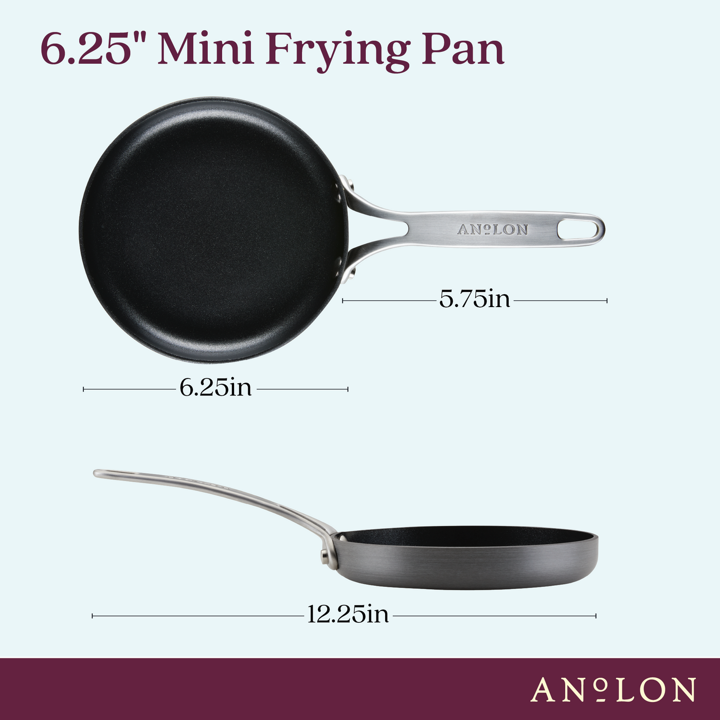 Image of the 6.25-Inch Mini Frying Pan by SPECIALTY, showcasing a durable nonstick finish. Constructed with hard anodized materials, the pan features a long handle measuring 5.75 inches, for a total length of 12.25 inches—making it an essential tool for effortless cooking in your kitchen.