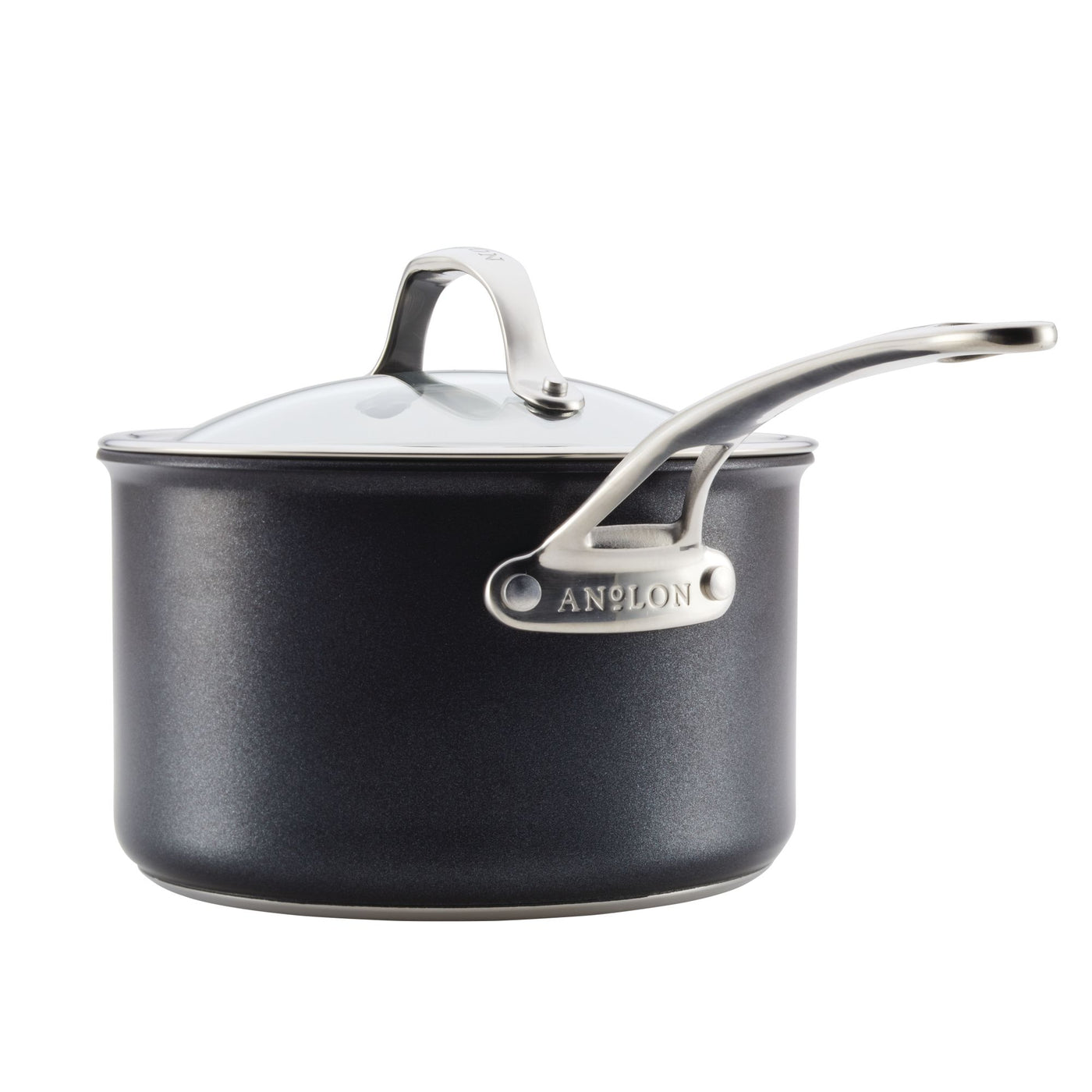 Part of the Anolon X 10-Piece Hybrid Nonstick Cookware Set, this PFOA-free black pot has a glass lid, long silver handle, and the brand name in raised letters on the side. It features a SearTech™ cooking surface and is showcased against a white background.