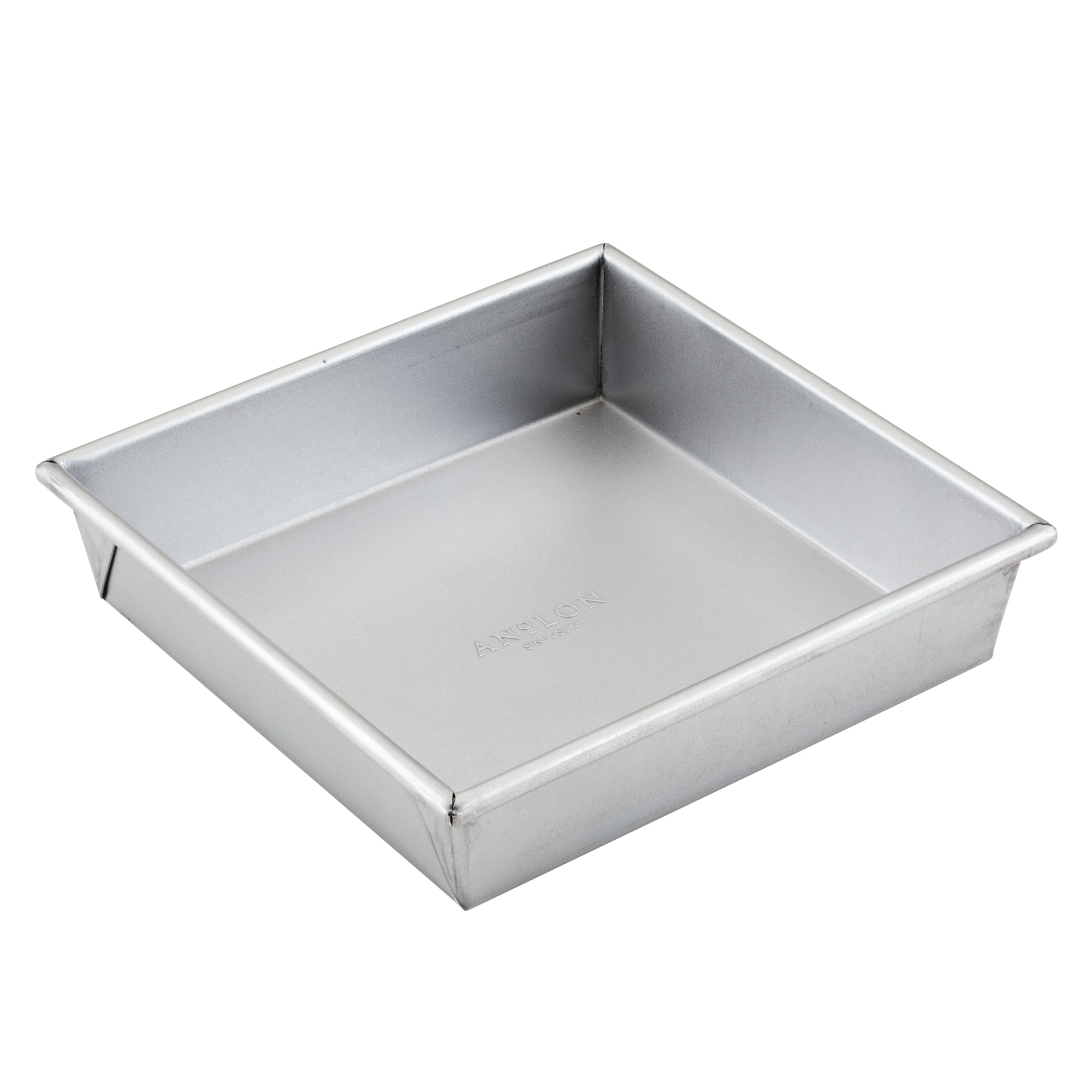 The Pro-Bake 9-Inch Aluminized Steel Square Cake Pan features smooth, slightly raised edges and straight sides for even baking. Its plain, reflective interior ensures durable heat conduction, making it perfect for cakes or other dishes.