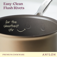 Close-up of a hard-anodized aluminum nonstick saucepan with easy-clean flush rivets designed for smooth stirring. The pan's metallic surface has a shiny appearance and is dishwasher safe. Branding at the bottom reads Ascend Premium Cookware.