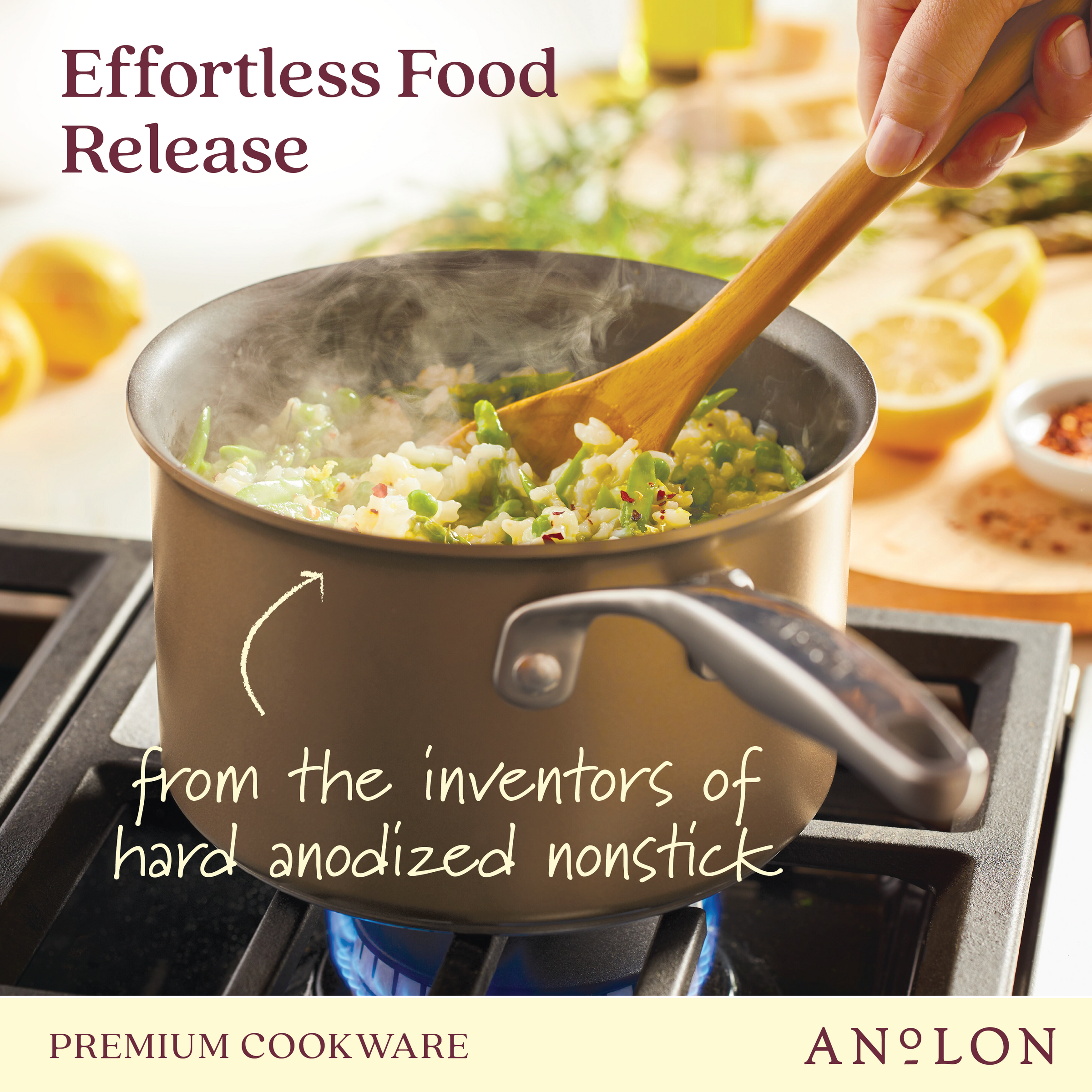 A person stirs vibrant, fresh risotto in an Ascend 3-Quart Hard Anodized Nonstick Saucepan using a wooden spoon. Brightly colored vegetables are visible. Text reads Effortless Food Release from the inventors of hard anodized aluminum cookware, showcasing the Ascend branding.