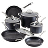 The Anolon X 10-Piece Hybrid Nonstick Cookware Set includes various black PFOA-free pots and pans with silver handles and glass lids, featuring the innovative SearTech™ cooking surface.