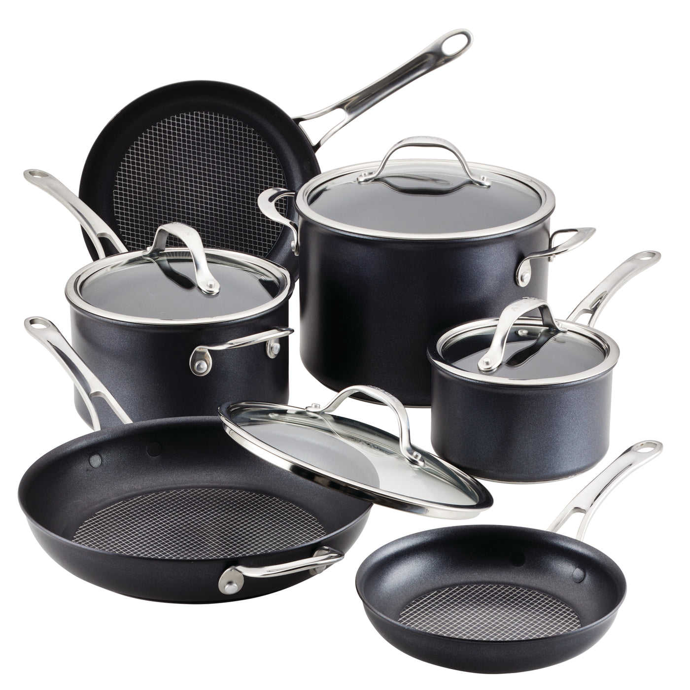 The Anolon X 10-Piece Hybrid Nonstick Cookware Set includes various black PFOA-free pots and pans with silver handles and glass lids, featuring the innovative SearTech™ cooking surface.