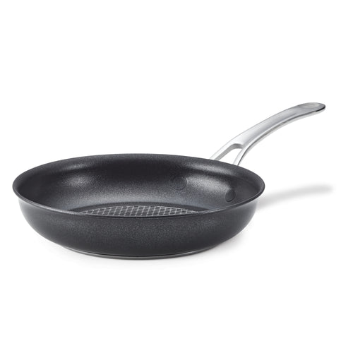 Anolon Xs 8.25-Inch Hybrid Nonstick Frying Pan features a black ultra-durable, metal utensil-safe surface with SearTech™ technology and a silver metal handle, shown on a white background.