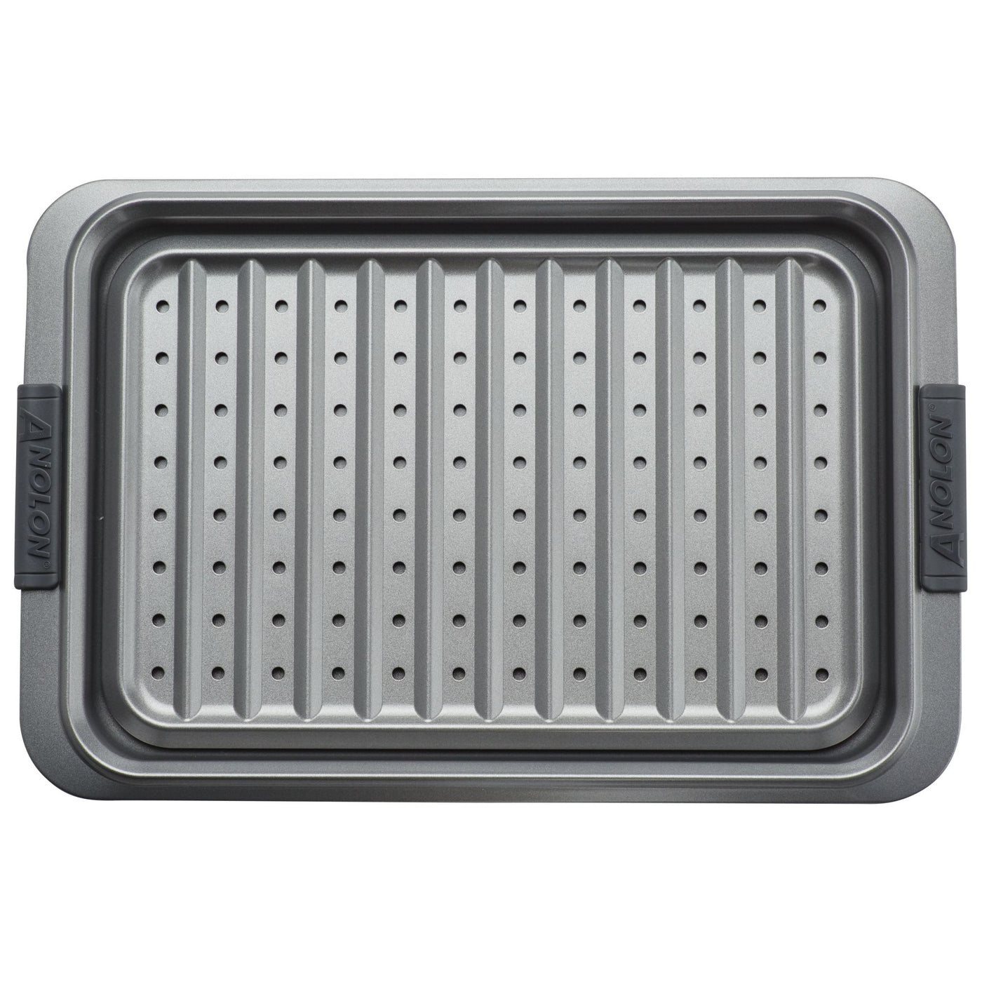A rectangular Advanced 10 x 15-Inch Crisper Pan Set with a nonstick finish and removable crisper rack, seen from above. The metal pan features handles on both sides, each labeled Anolon.