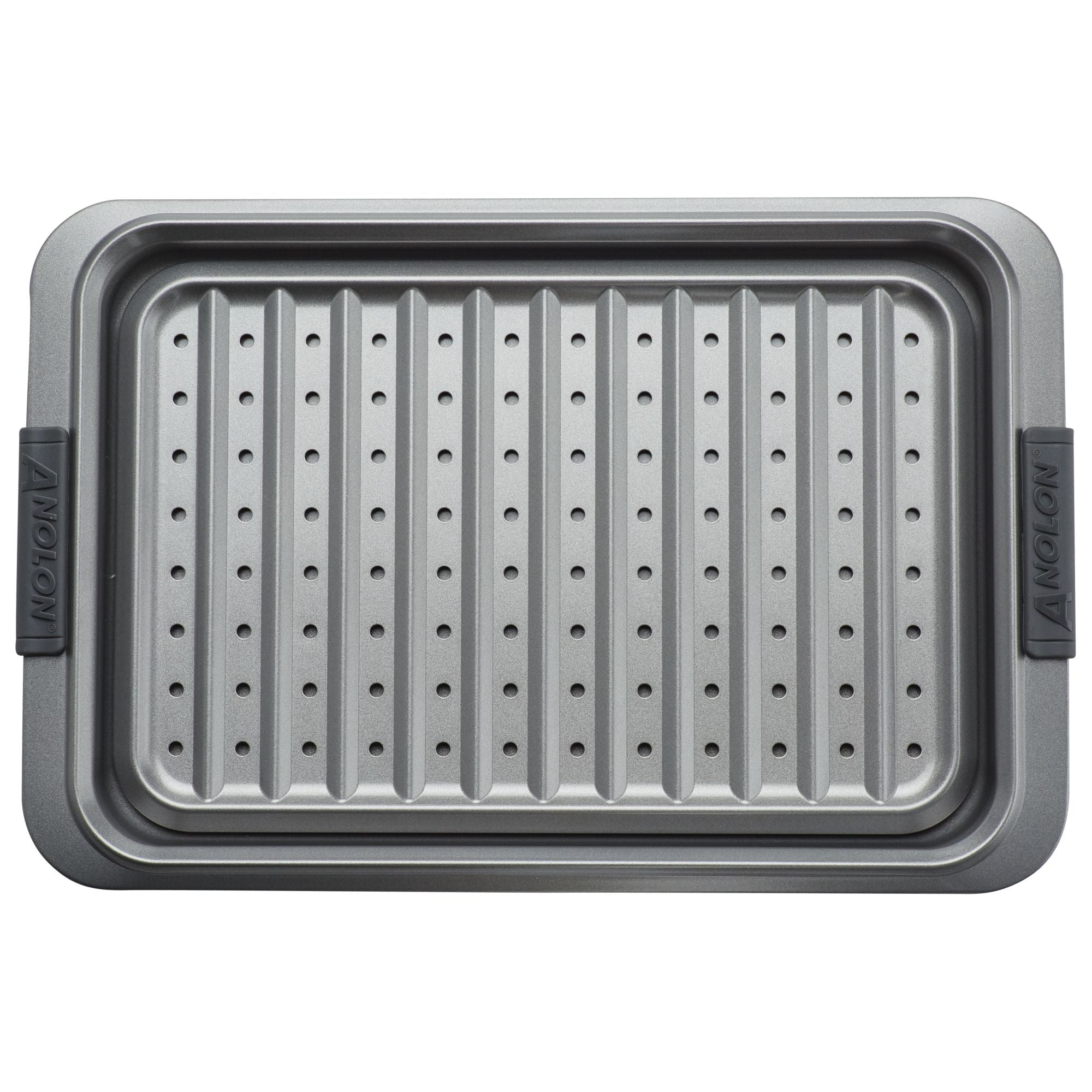 A rectangular Advanced 10 x 15-Inch Crisper Pan Set with a nonstick finish and removable crisper rack, seen from above. The metal pan features handles on both sides, each labeled Anolon.