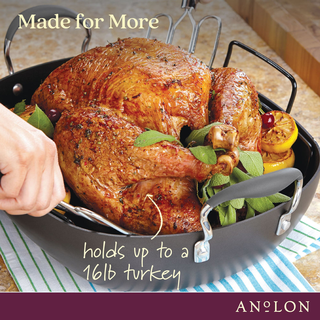 Anolon Triply Clad Stainless Steel Roaster / Roasting Pan with Rack - 17  Inch x 12.5 Inch, Silver