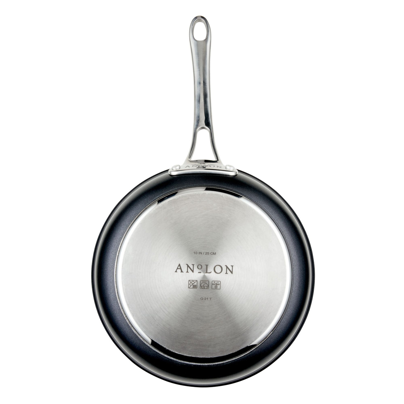 This sleek frying pan from the Anolon X 10-Piece Hybrid Nonstick Cookware Set features a SearTech™ cooking surface, a stainless steel bottom, and a modern metal handle. The Anolon brand is engraved with measurements, and its PFOA-free nonstick interior is easily visible from the edges.
