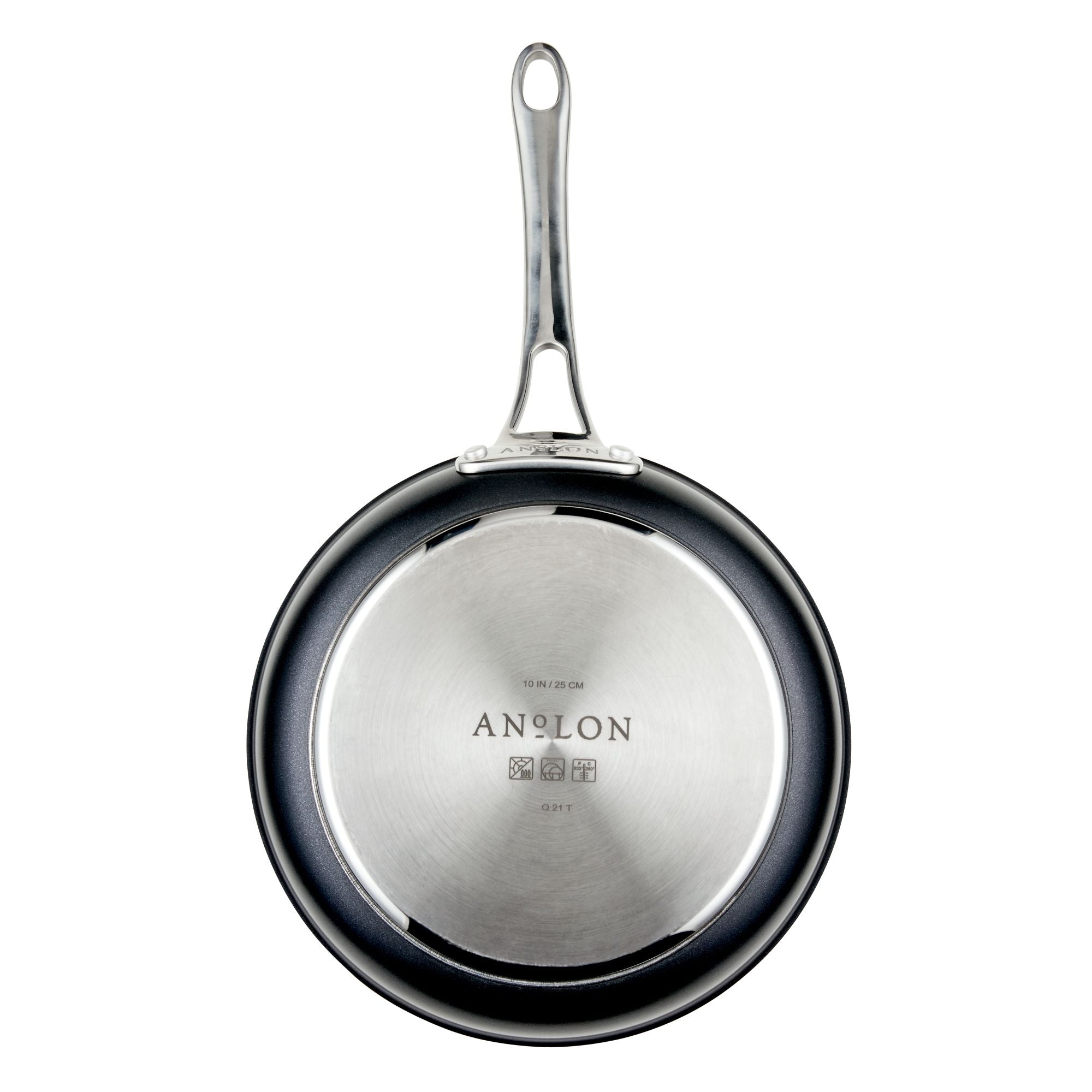 This sleek frying pan from the Anolon X 10-Piece Hybrid Nonstick Cookware Set features a SearTech™ cooking surface, a stainless steel bottom, and a modern metal handle. The Anolon brand is engraved with measurements, and its PFOA-free nonstick interior is easily visible from the edges.