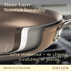 Close-up of a shiny Ascend pan, crafted from hard-anodized aluminum, highlighting its three-layer nonstick surface. Text overlay reads: Even Cooking Durability—no chipping, scratching, or peeling. Premium cookware logo at the bottom.