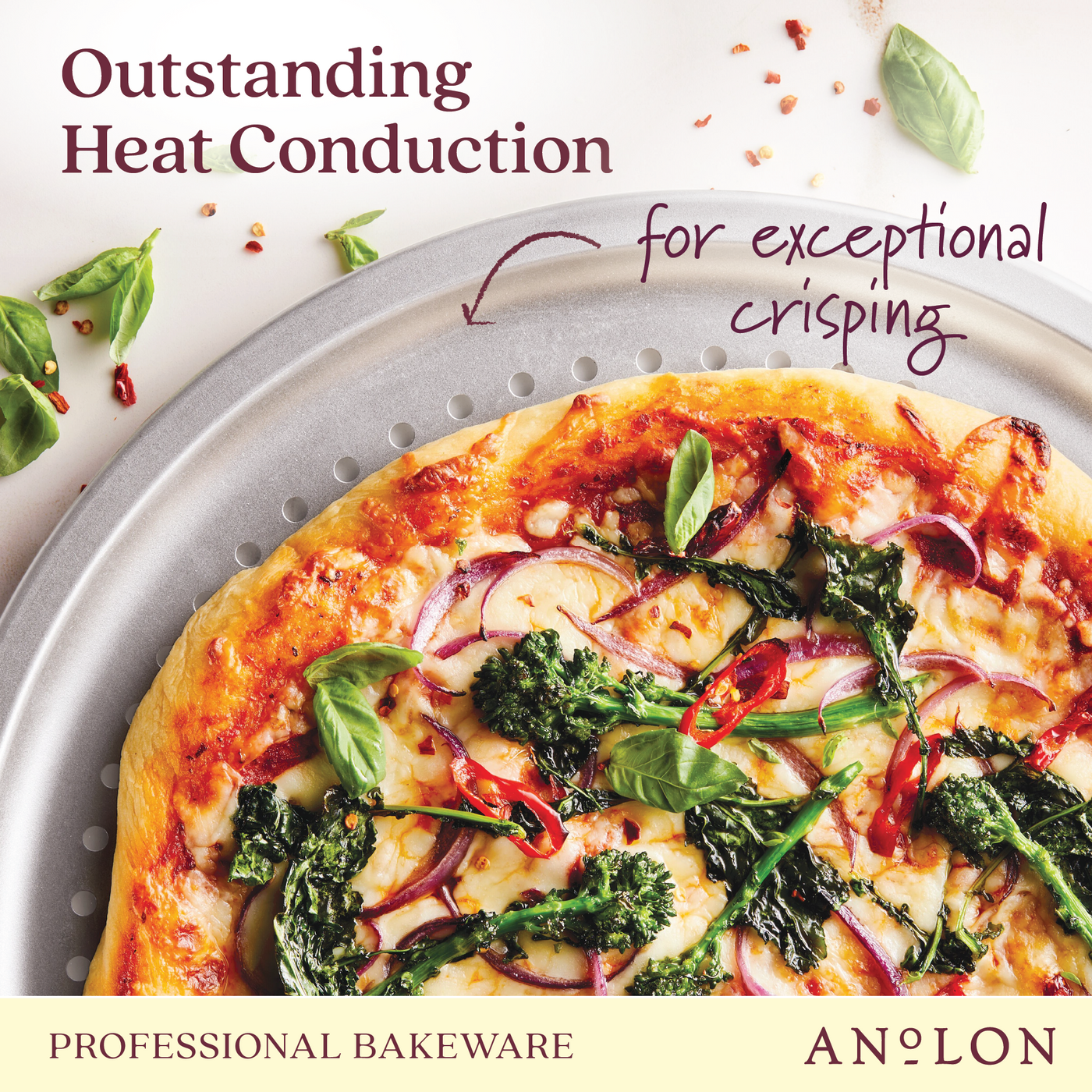 A pizza topped with vegetables is displayed on a 14-Inch Aluminized Steel Perforated Pizza Pan by Pro-Bake, ideal for thin crust pizzas. The text highlights Outstanding Heat Conduction for exceptional crisping and the quality of Professional Bakeware. Basil leaves and chili flakes are scattered around.