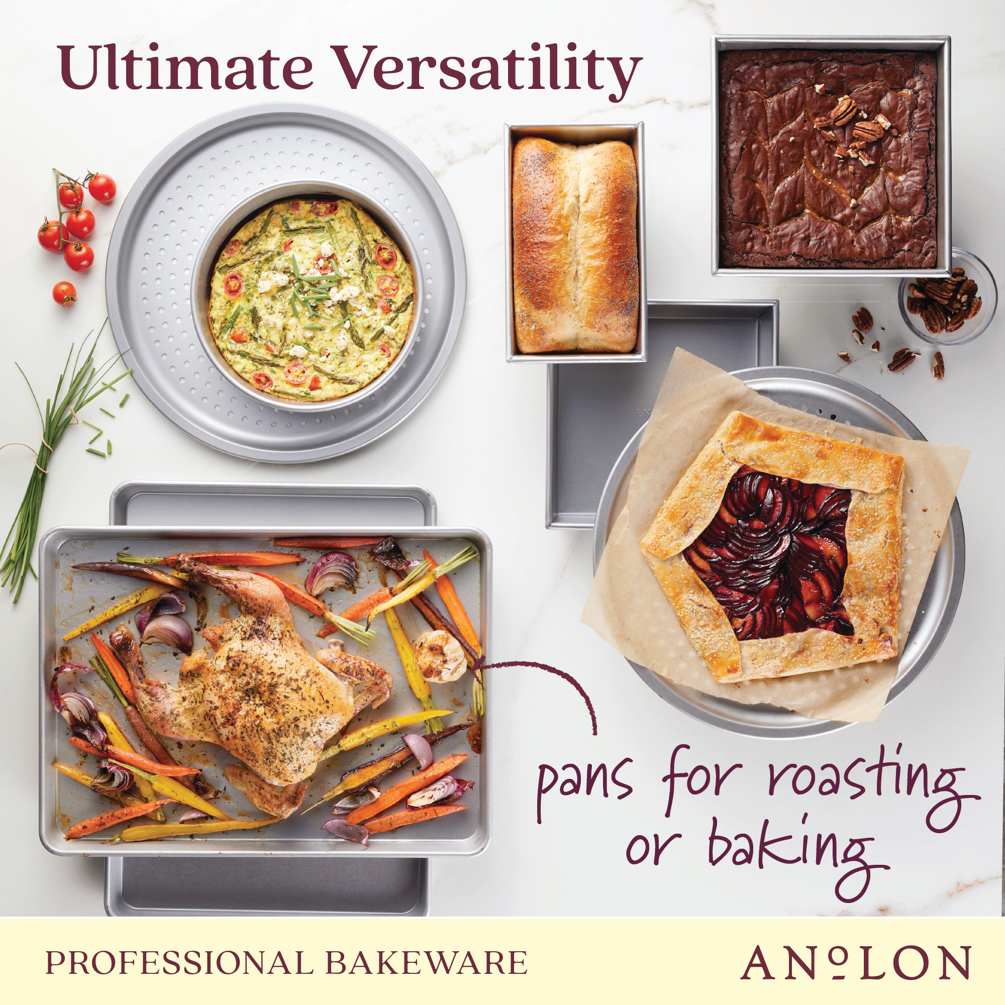 A variety of dishes are beautifully arranged in baking pans: a roasted chicken with vegetables, a vegetable frittata, two loaves of bread, and a fruit tart. Text reads, "Pro-Bake's Ultimate Versatility - perfect for everything from thin crust pizzas to roasting or baking with our 14-Inch Aluminized Steel Perforated Pizza Pan.