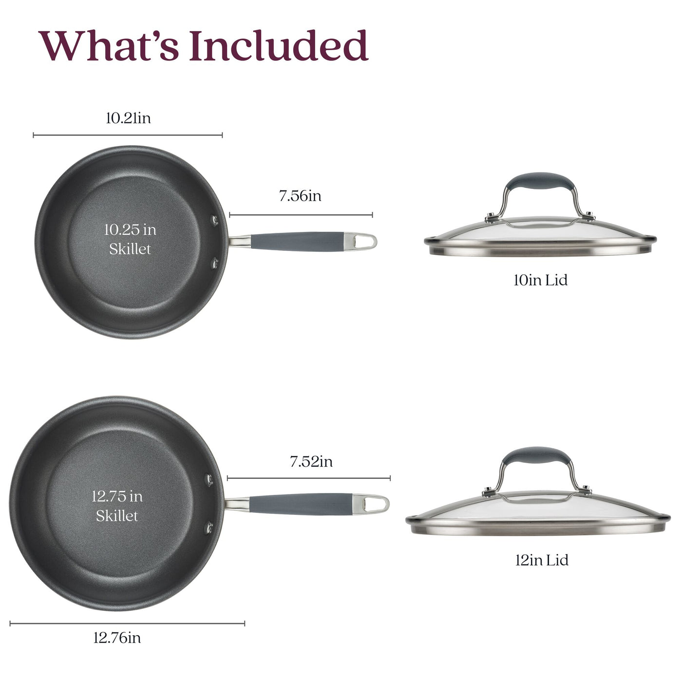 The image features a 4-piece Skillet and Lid Set by Advanced Home, which includes two nonstick skillets measuring 10.25 inches and 12.75 inches, along with matching tempered glass lids sized at 10 inches and 12 inches in diameter. The hard-anodized construction is highlighted by gray handles with stainless steel ends. The text reads What's Included.