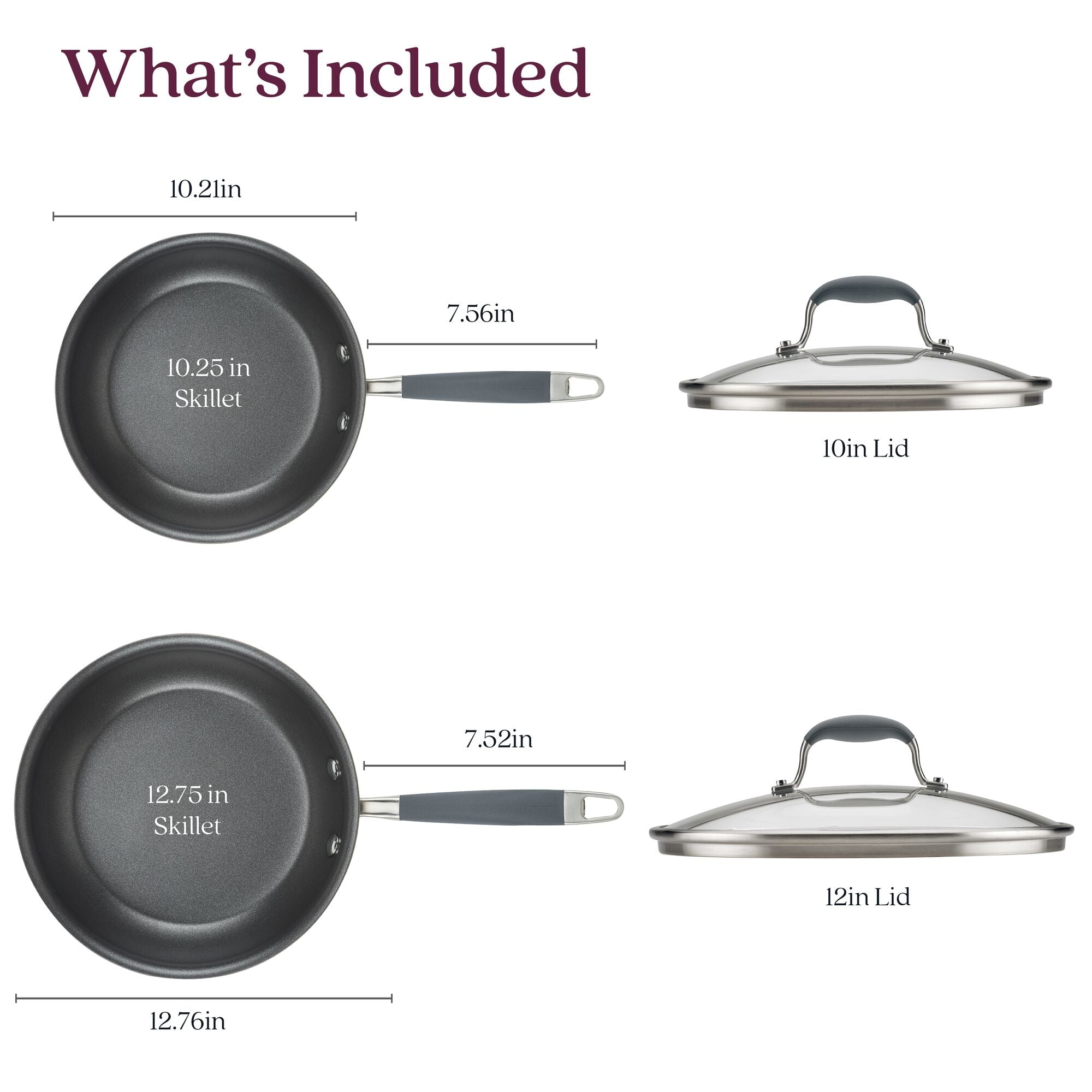The image features a 4-piece Skillet and Lid Set by Advanced Home, which includes two nonstick skillets measuring 10.25 inches and 12.75 inches, along with matching tempered glass lids sized at 10 inches and 12 inches in diameter. The hard-anodized construction is highlighted by gray handles with stainless steel ends. The text reads What's Included.