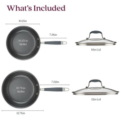 The image features a 4-piece Skillet and Lid Set by Advanced Home, which includes two nonstick skillets measuring 10.25 inches and 12.75 inches, along with matching tempered glass lids sized at 10 inches and 12 inches in diameter. The hard-anodized construction is highlighted by gray handles with stainless steel ends. The text reads What's Included.