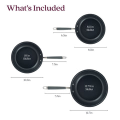 The 3-Piece Nonstick Frying Pan Set by Advanced Home includes three skillets with hard-anodized durability, featuring sizes of 8.5", 10", and 12.75". Each pan is labeled with its diameter and handle length, with the text "What's Included" at the top.