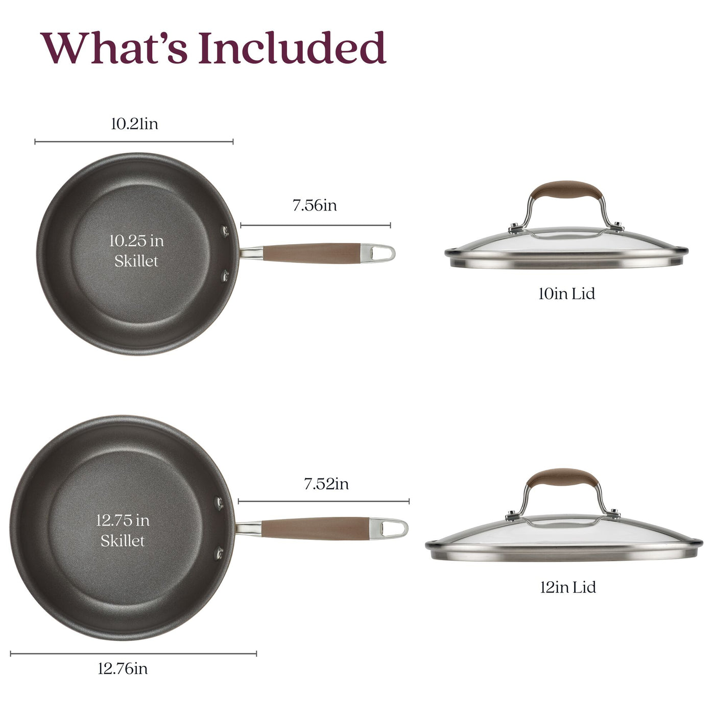 The image showcases the 4-piece Skillet and Lid Set from Advanced Home, highlighting its hard-anodized durability. The set includes a 10.25-inch skillet with a tempered glass lid and a 12.75-inch skillet, both featuring brown handles and Infinity Slide nonstick technology for seamless cooking precision.
