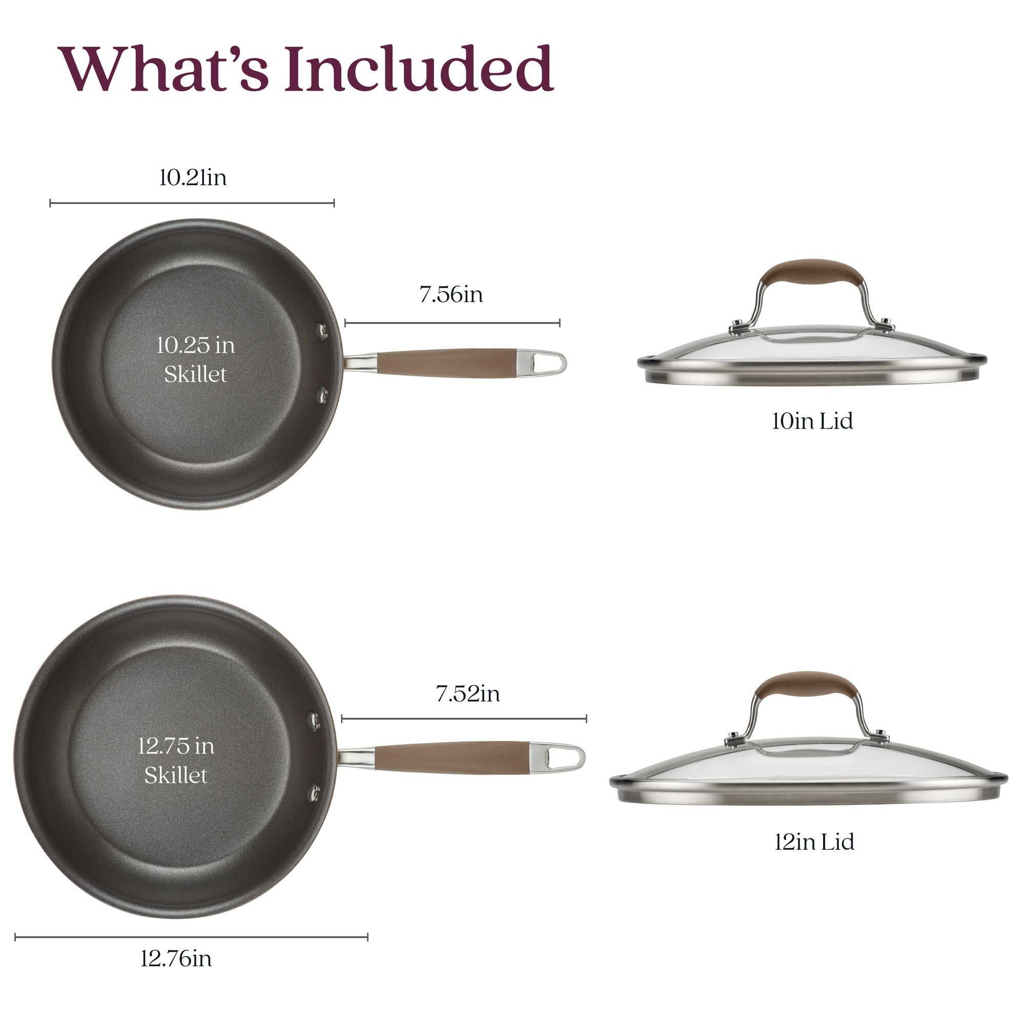 The image showcases the 4-piece Skillet and Lid Set from Advanced Home, highlighting its hard-anodized durability. The set includes a 10.25-inch skillet with a tempered glass lid and a 12.75-inch skillet, both featuring brown handles and Infinity Slide nonstick technology for seamless cooking precision.