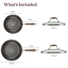 The image showcases the 4-piece Skillet and Lid Set from Advanced Home, highlighting its hard-anodized durability. The set includes a 10.25-inch skillet with a tempered glass lid and a 12.75-inch skillet, both featuring brown handles and Infinity Slide nonstick technology for seamless cooking precision.