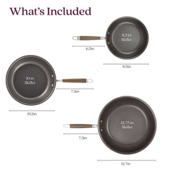 Image showing a three-piece nonstick frying pan set by Advanced Home. Includes an 8.5-inch skillet with a 6.5-inch handle, a 10.2-inch skillet with a 7.5-inch handle, and a durable, hard-anodized 12.7-inch skillet featuring an Infinity Slide nonstick surface for effortless cooking. Text reads What's Included.
