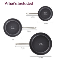 The image titled "What's Included" showcases a 3-Piece Nonstick Frying Pan Set from Accolade, featuring three black skillets made with Precision Forge™ construction in sizes of 8 inches, 10 inches, and 12 inches. These frying pans are oven safe up to 500°F.
