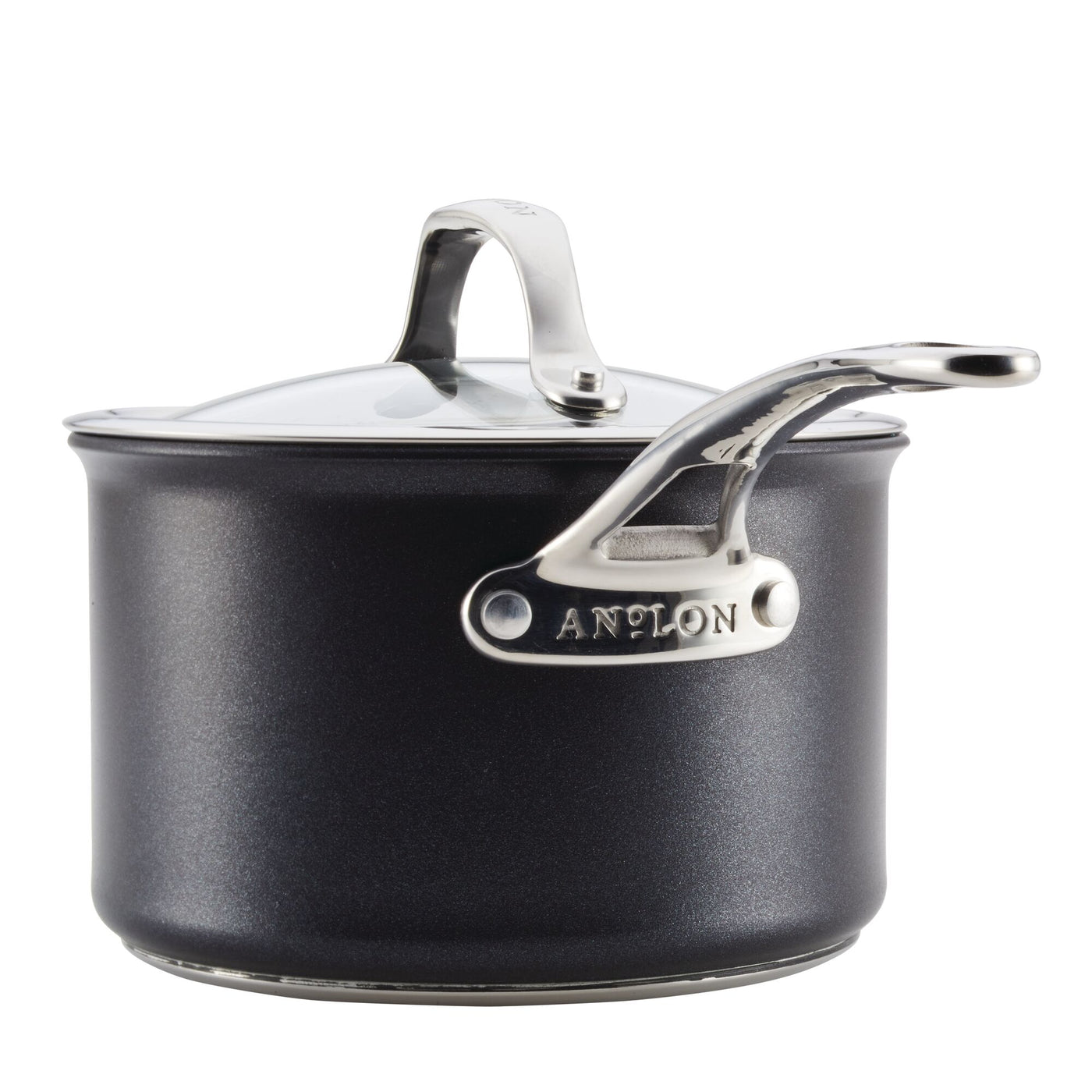 Anolon Xs 3-Quart Hybrid Nonstick Saucepan With Lid is black with a glass lid and a shiny stainless steel handle. It features a nonstick, metal utensil-safe finish and sleek, modern design showcased against a plain white background.