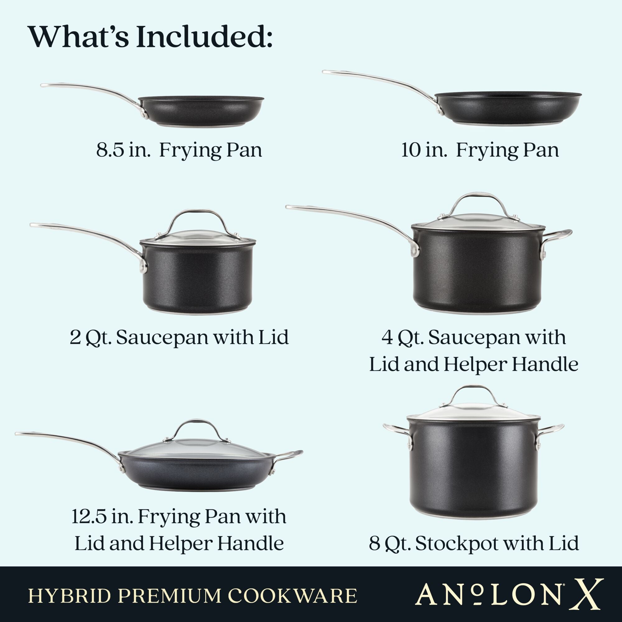 Image showcasing Anolon Xs 10-Piece Hybrid Nonstick Cookware Set, including pieces with SearTech™ surfaces: an 8.5 in. frying pan, 10 in. frying pan, 2 qt. and 4 qt. saucepans with lids and a helper handle, a 12.5 in. frying pan with lid and helper handle, plus an 8 qt. stockpot with lid.
.